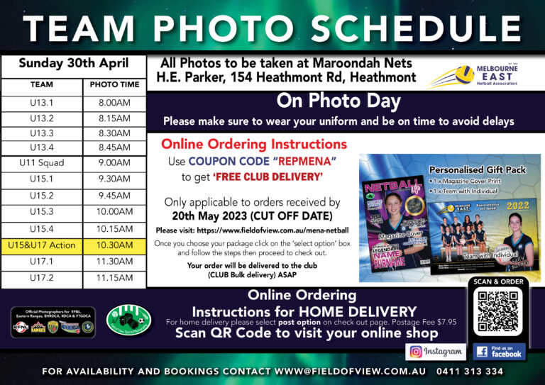 MENA Photo Schedule 2023 Melbourne East Netball Association